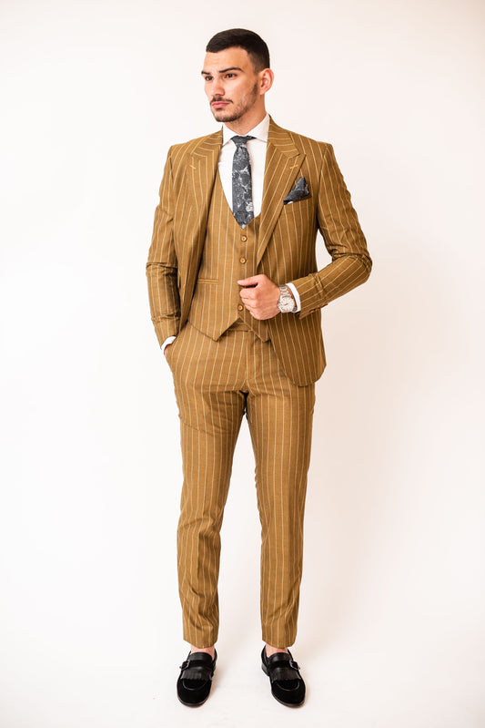 COSTUM SLIM FIT PINSTRIPE MUSTAR IN DUNGI